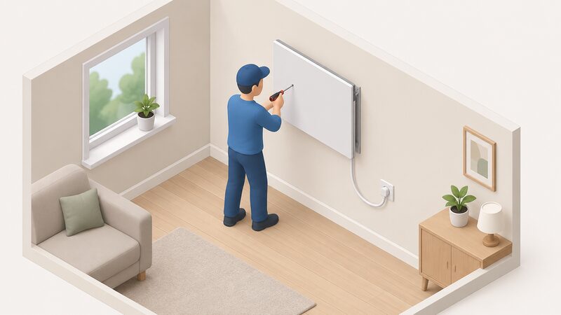 A small isometric electrician in plain clothing fixing a slim flat infrared panel onto a wall bracket on an interior room wall, with a screwdriver in hand and a short cable running from the panel to a socket, and no pipework or flue anywhere in the scene.