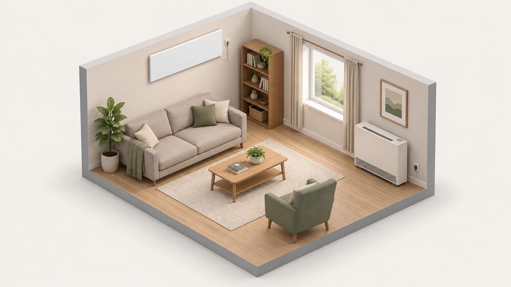 A simply furnished living room shown in cutaway with a slim infrared panel mounted high on one wall and a bulky storage heater standing against an external wall, both plugged into the same room's electricity supply.