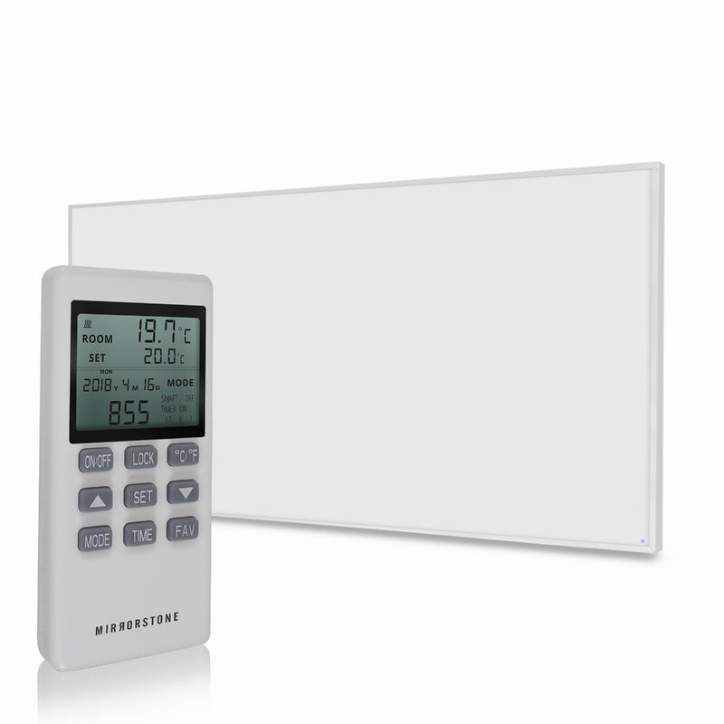 A white Mirrorstone infrared heating panel with its digital thermostat remote control