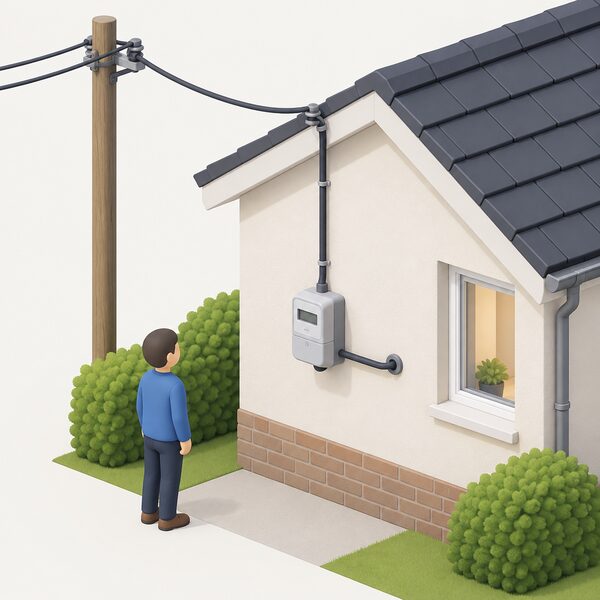 A simplified isometric view of a house's outside wall with an electricity meter mounted on it, a supply cable running from the meter into the wall and another rising to an overhead grid connection, showing the shared grid dependence of both heating systems.