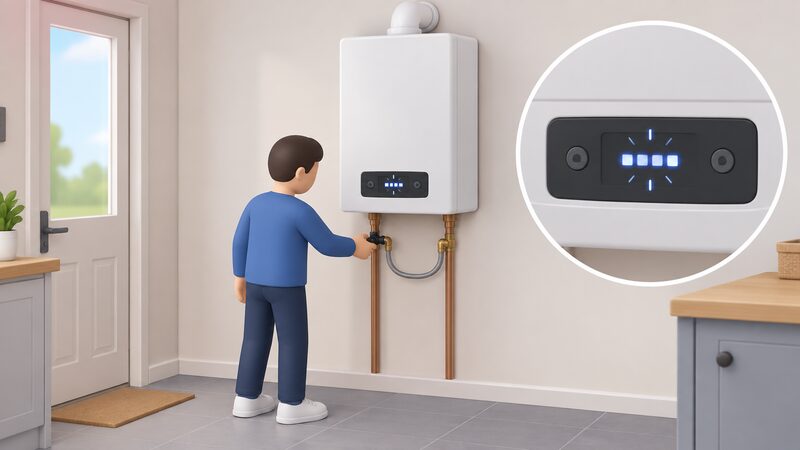 A close-up of a wall-mounted combi boiler's digital display panel showing a flashing pressure value in place of the clock, with a simplified figure reaching to the filling loop to top up the system.