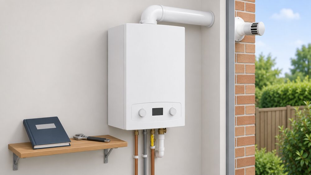 A white wall-hung gas combi boiler mounted on an indoor wall, shown close up with its front casing intact and its round flue terminal passing through the external wall beside it to the open air, with a spanner and a commissioning logbook on a small shelf below.