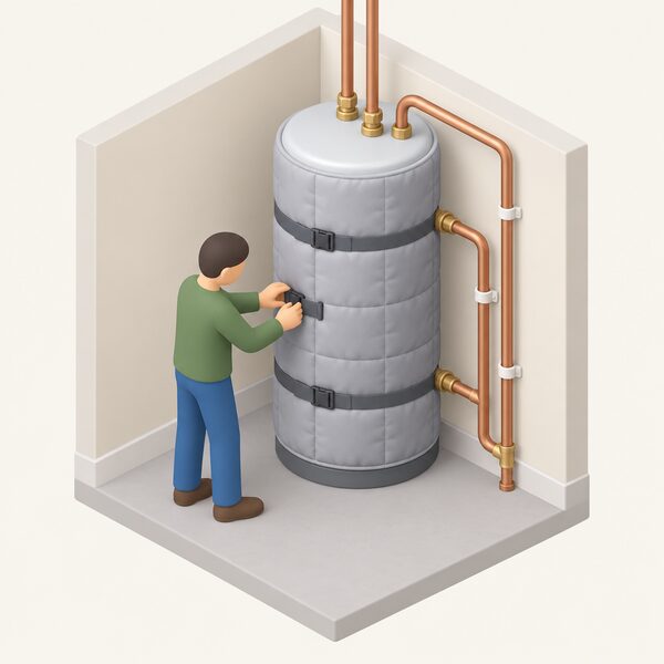 A domestic hot water cylinder standing in a home, fitted with a thick quilted insulation jacket secured with straps, its pipework emerging from the top and sides, with a small isometric figure adjusting the jacket ties.