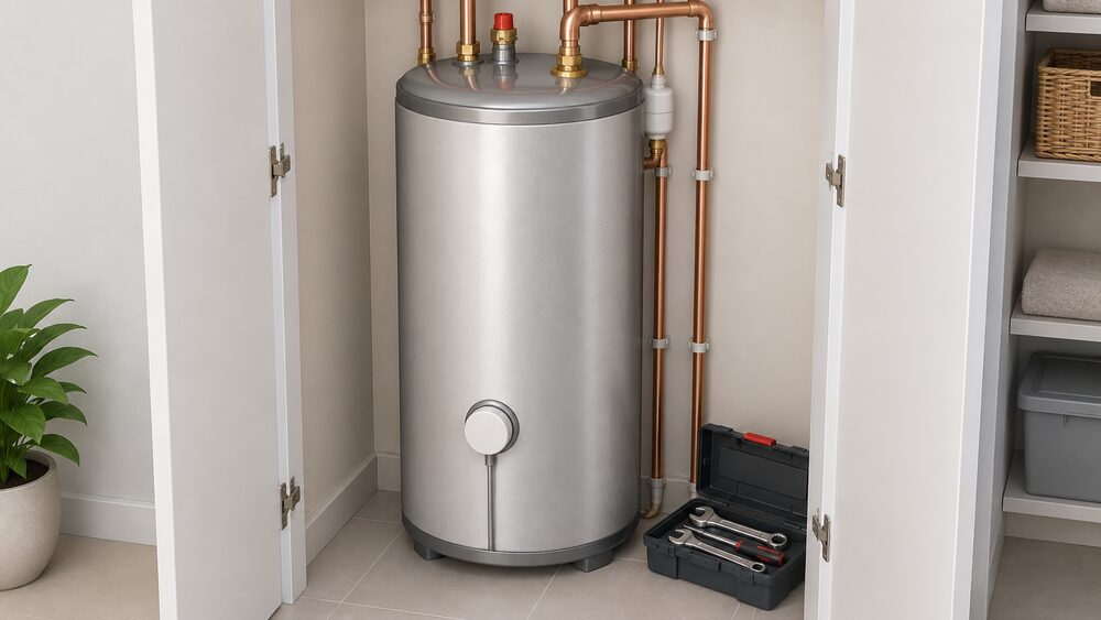 A tall stainless steel unvented hot water cylinder standing centrally in an airing cupboard, shown close up with its insulated body, pipework connections at the top and an immersion element fitting, with a toolbox of an installer's spanners on the floor beside it.