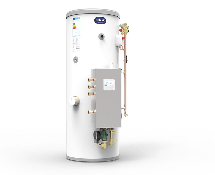 A Joule Kodiak unvented hot water cylinder with an integrated grey thermal store unit and brass pipework, shown on a white background