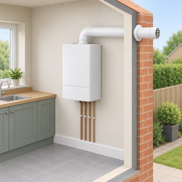 A plain white wall-mounted gas combi boiler on an indoor kitchen or utility room wall, with a horizontal flue pipe running from its top through the outside wall to a terminal outdoors, shown in a simple cutaway view.