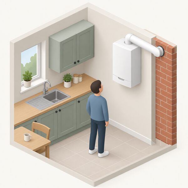 A plain white wall mounted gas combi boiler fixed high on a kitchen wall, with its flue passing through the external wall behind it and a small isometric figure standing below looking up at it as a recognisable household product.