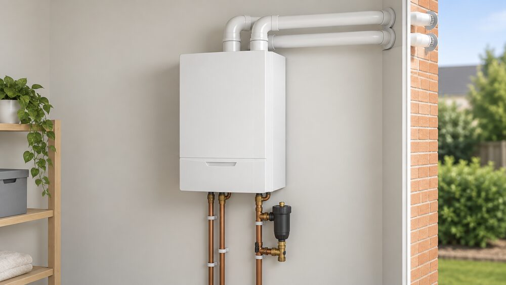 A wall-hung white combi boiler shown close up indoors, with two separate slim plastic flue pipes leaving its top and passing side by side through the external wall to the open air, a small magnetic filter on the pipework beside it.