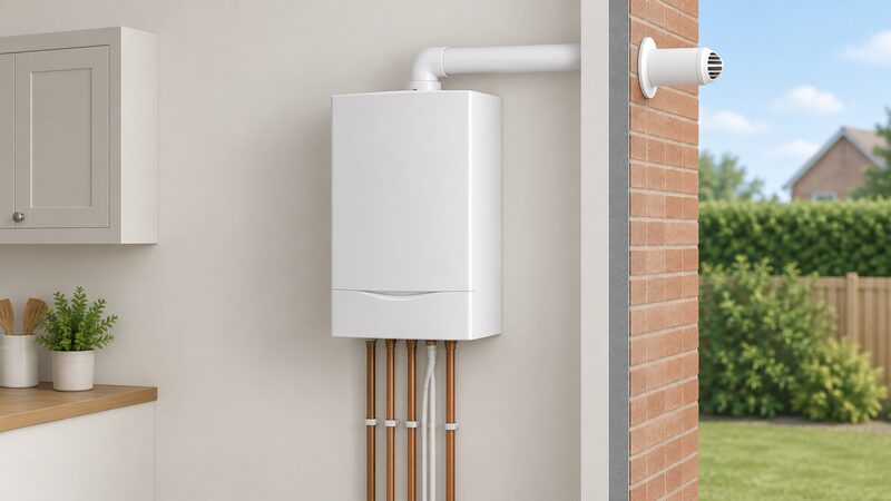 A plain white wall-mounted combi boiler with its casing on, fixed to a simple interior wall, with a single narrow flue pipe leaving the top of the casing and passing through the wall to a small terminal outside.