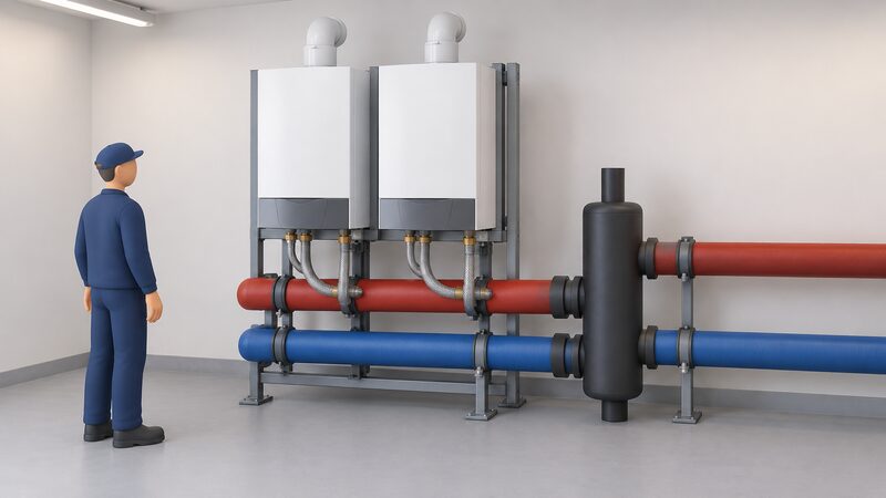 A compact commercial cascade boiler installation in a plant room, showing two wall-mounted boilers on a frame with pre-insulated flow and return pipework and a low loss header, with flexible connections visible between boilers and headers.