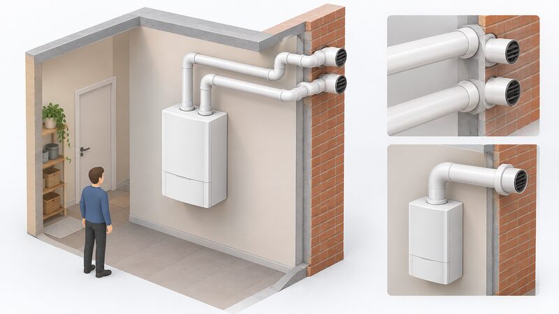 A cutaway diagram of a wall-mounted boiler indoors with two separate slim plastic flue pipes leaving its top and running in two distinct routes to an outside wall, contrasted beside a single concentric duct arrangement.