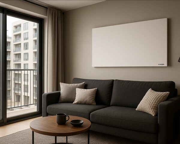 A white Kiasa infrared heating panel mounted on a wall above a grey sofa in a modern living room