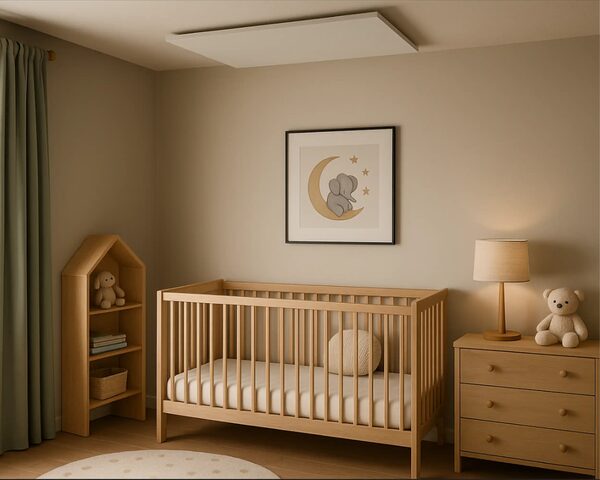 A white Kiasa Kore infrared heating panel mounted on the ceiling of a nursery with a wooden cot, dresser and lamp