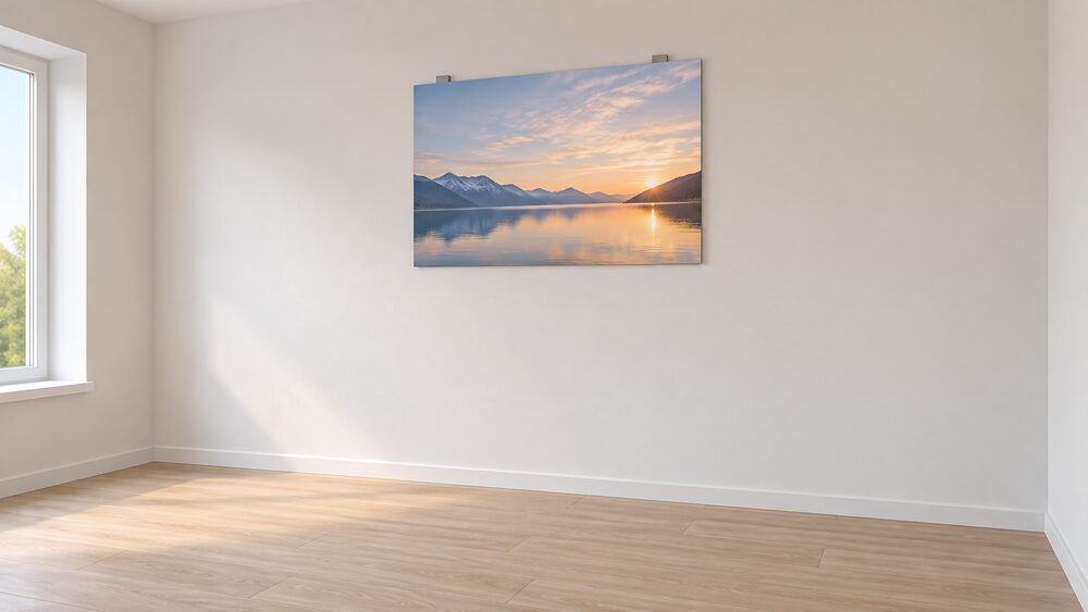 A single flat KIASA-style infrared picture panel, a printed image on a plain flat surface with no frame and no visible glow, mounted high on an interior wall with its included wall mounting kit, in an otherwise empty room.