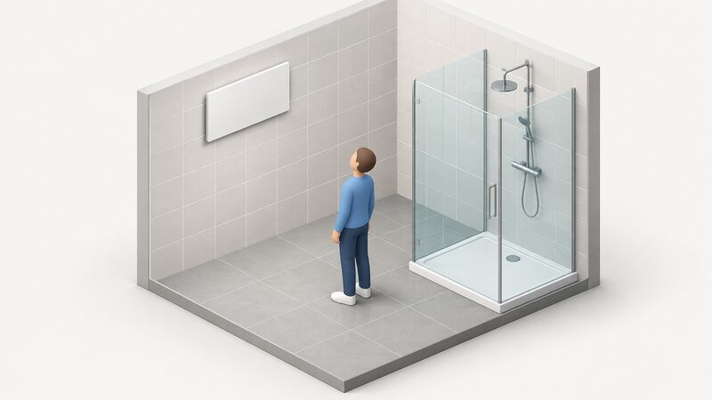 A flat infrared panel mounted high on a fully tiled bathroom wall, positioned well away from a glass shower enclosure, with a simplified isometric figure looking up at it to show its placement clear of the wet zone around the shower.