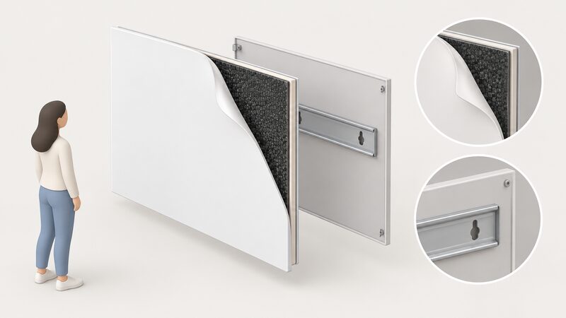 A cutaway view of a flat wall-mounted infrared panel with the front face partly peeled back to reveal the carbon crystal element layer behind it, and the mounting rail shown on the rear surface, with no glow depicted on the face.