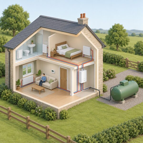 A cutaway isometric view of a rural off-grid home showing a wall-mounted LPG boiler connected to radiators and a room thermostat as a conventional wet central heating system, with an LPG tank at a safe distance in the garden linked to the boiler by a supply pipe.
