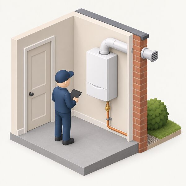 A modern white wall-mounted condensing LPG boiler in a home, shown with its flue passing through the outside wall and an LPG supply pipe connected below, with a small isometric figure standing beside it inspecting the appliance.