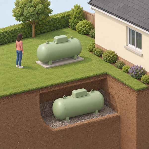A garden scene showing a bulk LPG tank standing above ground at a clear separation distance from the house wall, with a cutaway view of the ground beside it revealing a second identical tank buried below the lawn to show the underground option.