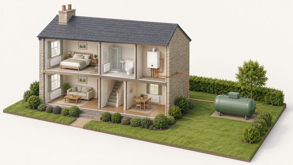 A cutaway rural house with an LPG combi boiler mounted on an inside wall, a copper pipe running from the boiler through the external wall to a bulk LPG tank standing in the garden at a safe distance from the building, with radiators visible in the rooms.