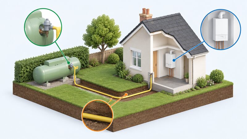 A cutaway isometric diagram of a house with a bulk LPG tank in the garden, a regulator at the tank, a buried service pipe running underground from the tank to the house wall, and the boiler inside connected to that pipe.