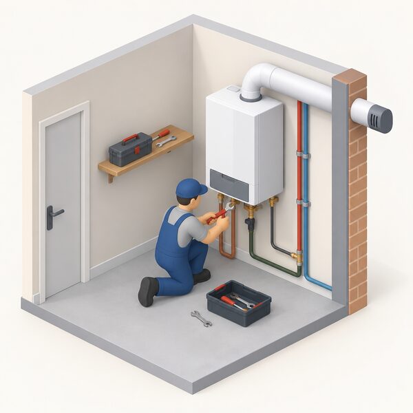 A small simplified isometric figure of an installer fitting an oil boiler indoors in a utility room, with tools and pipework connections being made, showing the installation work whose cost varies across oil boiler types.