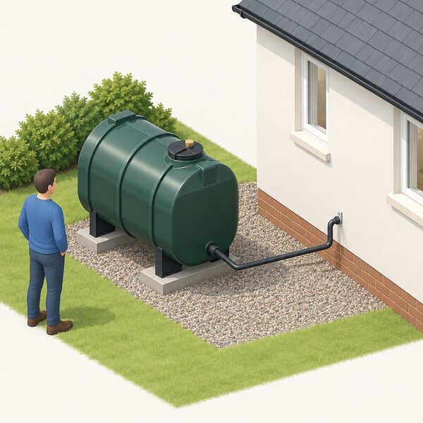 A domestic plastic oil storage tank on a stand in a garden, clearly separated from the house wall by open ground, with a fill point cap and pipe running toward the building, waiting for a road tanker refill.