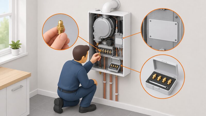 A wall-mounted mains-gas boiler with its casing removed and an LPG conversion kit fitted, an isometric engineer kneeling beside it holding the new injector, with the boiler's data plate visible on the inner panel.