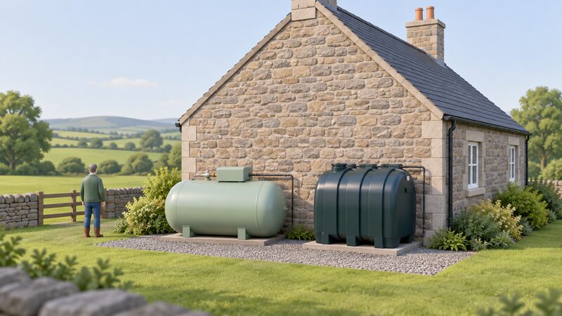 An LPG storage tank and an oil storage tank standing side by side against the gable end wall of a rural stone cottage, both outdoors on the ground with pipework running towards the house.