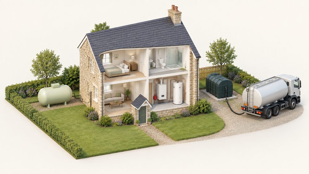 A cutaway rural house with an oil boiler indoors and a hot water tank, an LPG tank standing outside on one side and an oil storage tank on the other, with a road tanker on the drive delivering fuel.