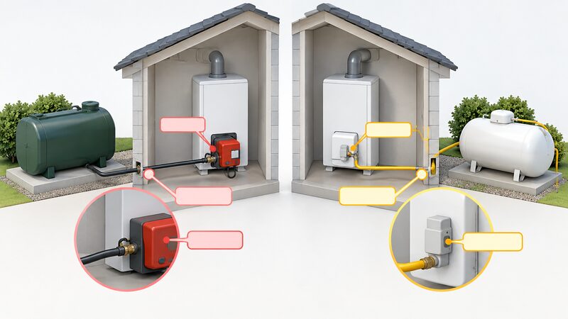 A side-by-side cutaway diagram showing an oil boiler with its burner and fuel line running to an oil tank, next to an LPG boiler with its gas line running to an LPG tank, with plain blank callout tags pointing to the differing parts.