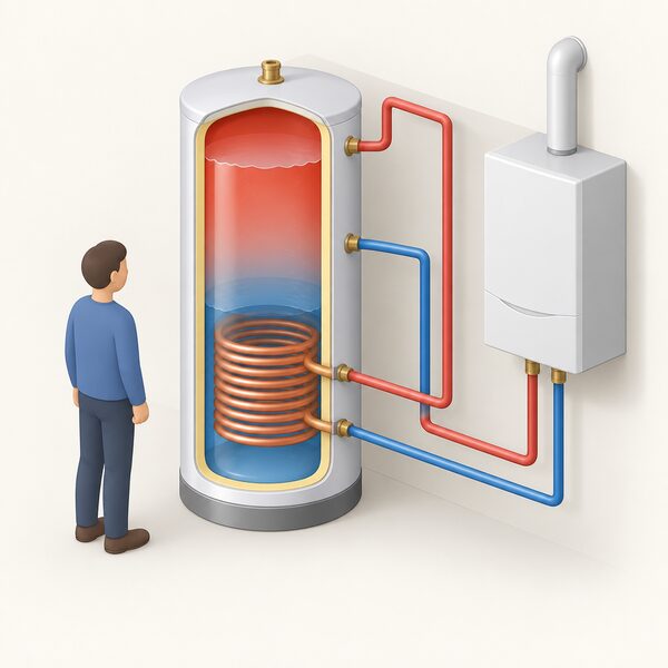 A cutaway isometric view of an indirect unvented cylinder showing a coiled heat exchanger inside, with a simplified figure beside it, and pipes from the coil's circuit leading away to an external heat source so the two waters stay separate.