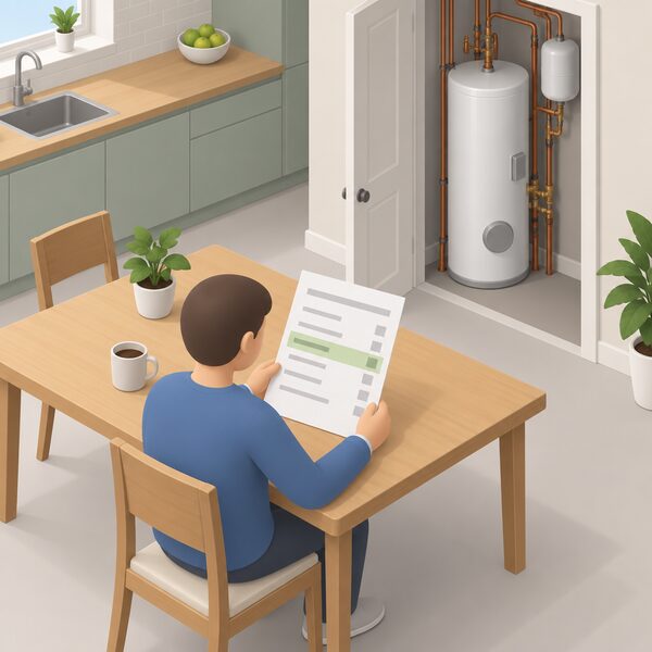 A printed installer's quote lying on a kitchen table, held by a simplified figure, with plain line items listed down the sheet and one line highlighted to show the cylinder as part of a wider heating installation, an unvented cylinder visible in an adjoining airing cupboard.