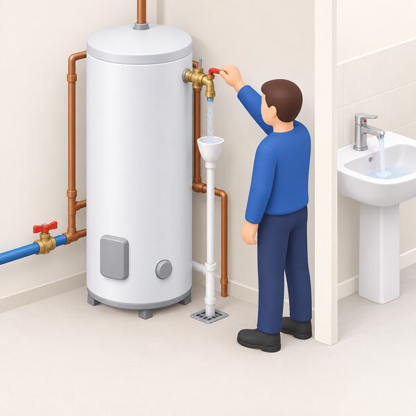 A competent person standing beside an unvented hot water cylinder holds the temperature and pressure relief valve's lever open while regenerating the air gap, with the mains cold water supply turned off and the lowest hot tap open nearby.