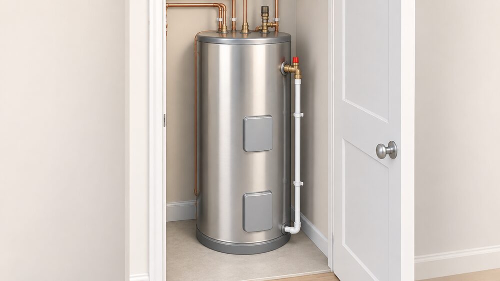 A tall stainless steel unvented hot water cylinder standing in an airing cupboard, shown close up with its insulated body, pipework connections at the top and a temperature and pressure relief valve with discharge pipe, and no external expansion vessel on the wall beside it.