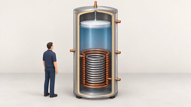 A cutaway diagram of a Megaflo unvented cylinder showing the internal floating baffle near the top of the water space and the coil-in-coil heat exchanger inside the duplex stainless steel shell, with no external expansion vessel beside it.