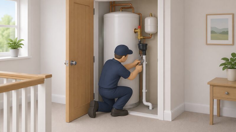 A G3-qualified installer kneels beside a newly fitted unvented cylinder in an airing cupboard, using a spanner to connect the pressure relief pipework from the cylinder's tundish to the discharge pipe running down to a safe external termination.