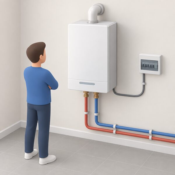 A single boiler-like domestic micro-CHP unit mounted indoors on a wall, with flow and return heating pipes connecting to it and a small electrical cable running to a consumer unit, shown as one compact appliance in a plain utility space.