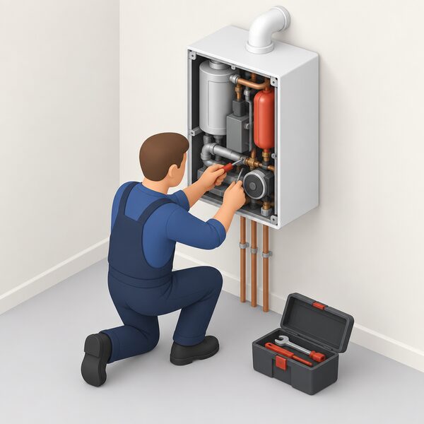 A specialist engineer kneels indoors beside a wall-mounted, boiler-like micro-CHP unit with its casing panel removed, using a hand tool on the internal components, with a small toolbox open on the floor beside them.