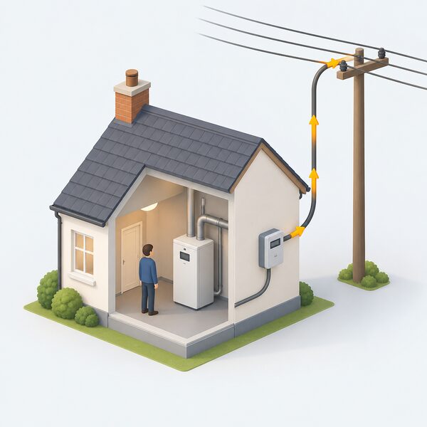 A small house with a micro-CHP unit inside, an export electricity meter on an outside wall, and a cable running from the meter up a pole to overhead grid lines, with a simple arrow showing surplus electricity flowing outward from the house to the grid.