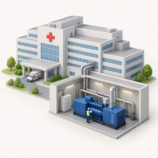 A large hospital building with a commercial-scale CHP installation beside it, shown as a sizeable plant room unit connected to the hospital, with a simplified engineer figure inspecting the equipment to convey that CHP is long established at large scale rather than in homes.