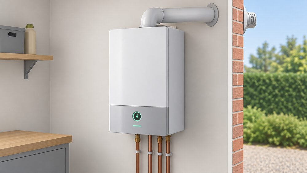 A wall-mounted domestic micro-CHP boiler, roughly the size of a conventional boiler, shown close up in a home utility space with its flue passing through the external wall to the open air, and a small glowing indicator suggesting it is running and generating electricity alongside heat.