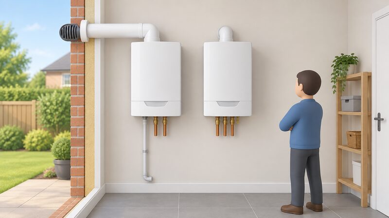 An interior wall showing a wall-mounted micro-CHP unit with its flue through the wall and a condensate pipe running down, hung directly beside a conventional wall-mounted boiler of visibly similar size for comparison.