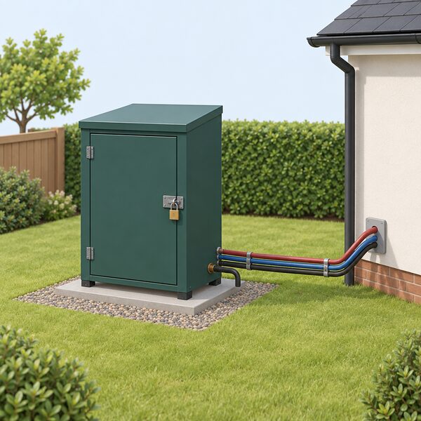 An outdoor oil boiler standing on a level base in a garden a short distance from the house wall, enclosed in a weatherproof cabinet whose door is shown closed with a hasp and padlock, with the oil supply line and heating flow and return pipes running from the cabinet towards the house.