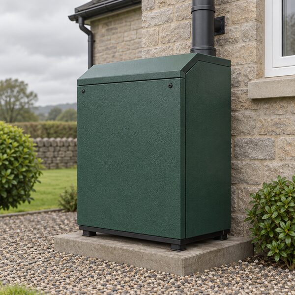 A green textured outdoor oil boiler standing on a plinth against an outside house wall, shown close up so the durable green texture finish of its casing is the clear focus under overcast British weather.