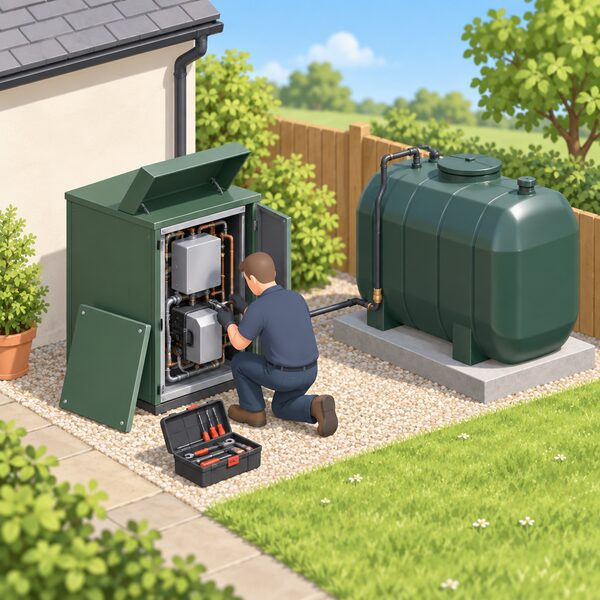 An OFTEC technician in plain work clothing kneels outdoors beside an outdoor oil boiler on a sunny summer day, tools open nearby, with the domestic oil tank visible close by on its base, servicing the boiler with its panels removed.