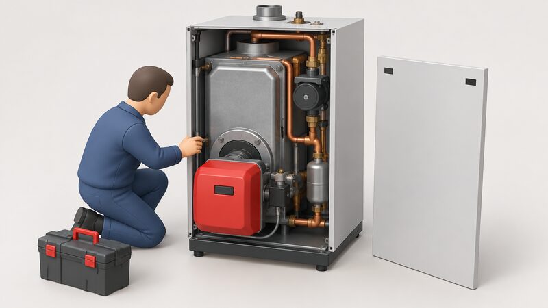 An open-cased Mistral oil boiler with its front panel removed, revealing the Riello burner at the front and the Grundfos pump on the pipework inside, drawn as a cutaway service view.