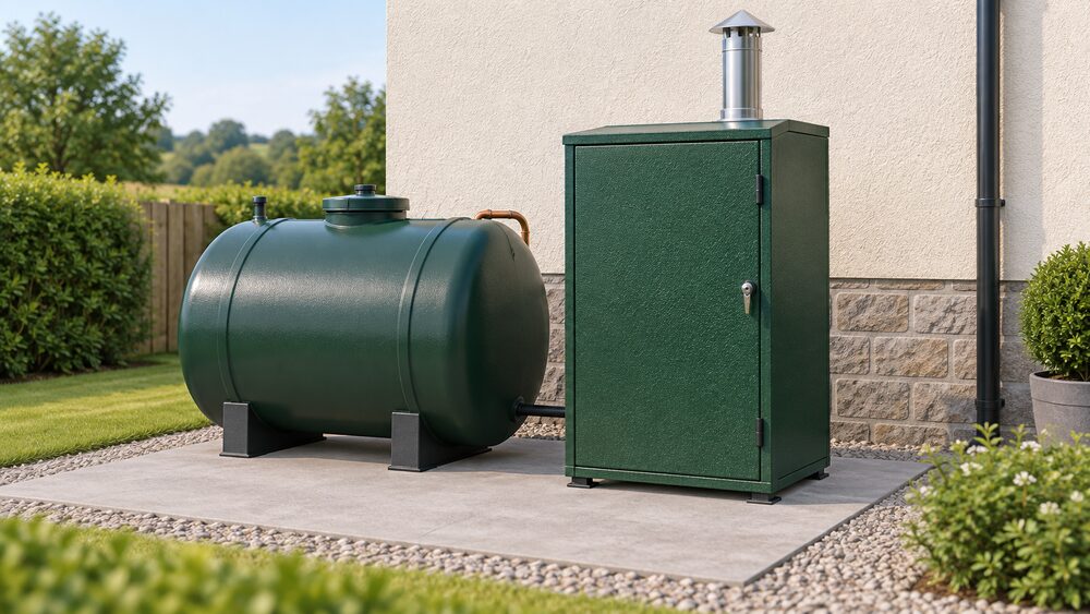 A green textured outdoor oil boiler in a lockable cabinet standing outside against a house wall, with a kerosene storage tank beside it on the same hard standing.