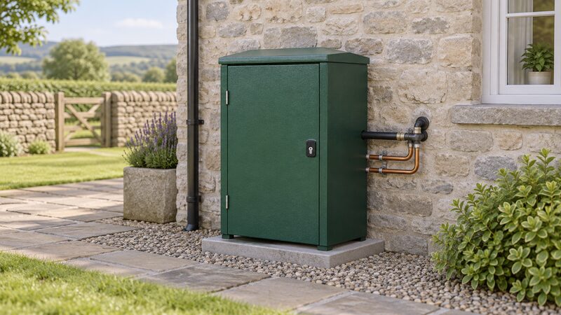 A green-textured outdoor oil boiler cabinet standing on a base against the stone outside wall of a cottage, with its lockable door closed and oil supply and heating pipework running from the cabinet into the wall.