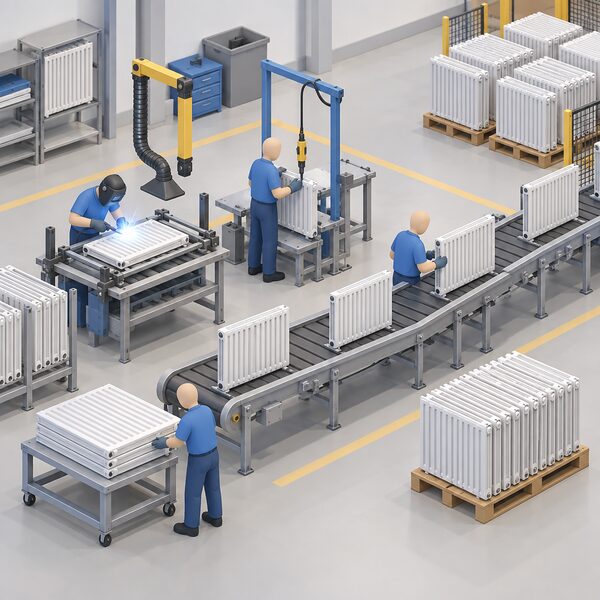 Inside a factory production line, simplified isometric figures of workers in plain clothing shape, weld and assemble steel electric radiator panels, with finished slim panel radiators moving along a conveyor toward a stacking area in the background.